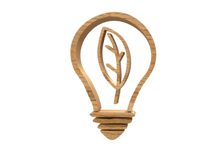 Wooden Lightbulb with Leaf Sign on white backgroundの写真素材