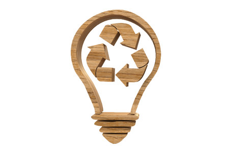 Wooden Lightbulb with Recycle Arrow Sign on white backgroundの写真素材