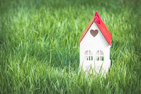 Miniature House with Red Roof on Green Grass: A Heartfelt Symbol of Home and Loveの写真素材