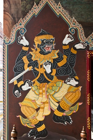 Black monkey name is NILAPHAT, Thai painting mural created with money donated by people no restrict in coppy or use at Wat Phra kaew on April 18, 2013 in Bangkok.のeditorial素材