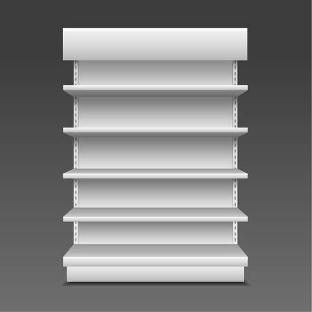 White Blank Empty Showcase Displays With Retail Shelves Front View 3D ,Products On White Background Isolated.のイラスト素材