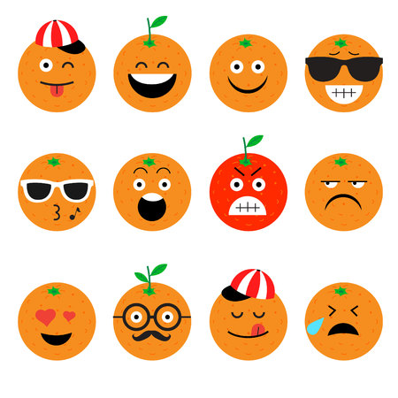 emojis. orange. fruit. summer. Set of emotional  face on a white background. Flat vector emoticons. Set vector smiley. Characters smileyのイラスト素材