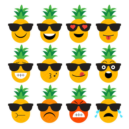 emojis. pineapple. fruit. summer. Set of emotional  face on a white background. Flat vector emoticons. Set vector smiley. Characters smileyのイラスト素材