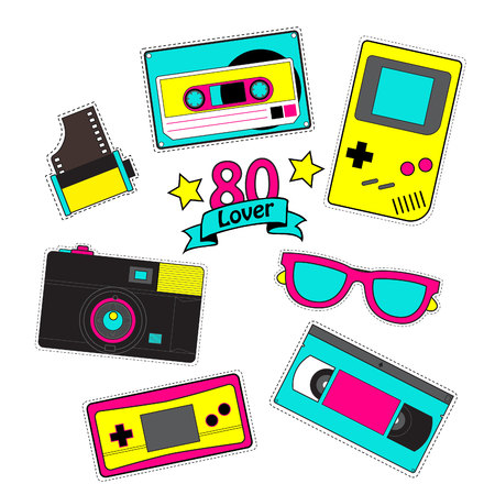 Set of stickers, pins, patches in cartoon 80s-90s pop-art comic style, Fashion patch badges ,vector Illustration.のイラスト素材