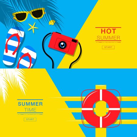 Summer tropical vacation backgrounds design, banner layout, flat lay, vector illustration.のイラスト素材
