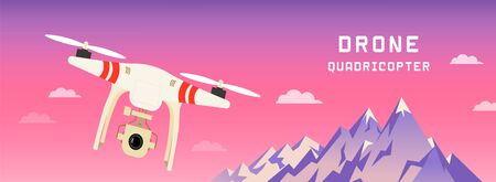 Illustration of a drone with a camera in a pink sky with mountains in the background