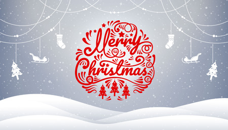 Merry Christmas, happy new year, calligraphy, winter landscape, vector illustration.のイラスト素材