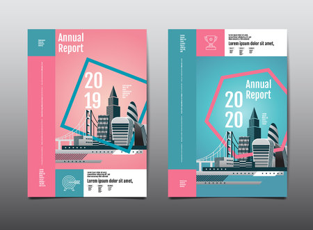 annual report 2019,2020 ,future, business, template layout design, cityscape, cover book. vector illustration, abstract flat background.のイラスト素材