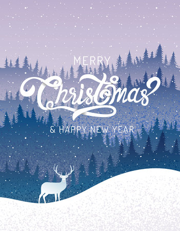 Merry Christmas, happy new year, calligraphy, landscape winter, vector illustration.のイラスト素材