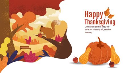 Happy Thanksgiving, Autumn, Banner Design Template, vector illustration, Drawing, Cartoon, Landscape Painting Style.のイラスト素材