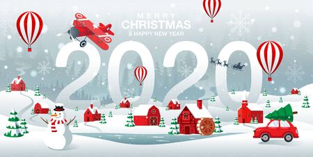 Merry Christmas and Happy new Year 2020, home town in the Forrest, Winter Background, Snow, Landscape.のイラスト素材