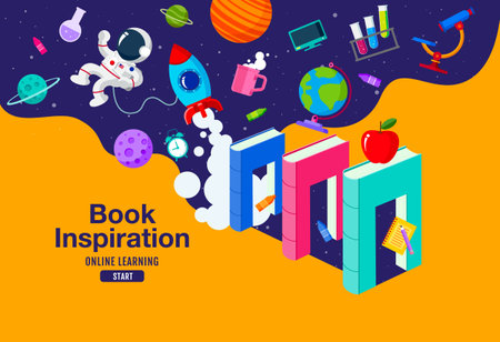 Book Inspiration, Online Learning, study from home, back to school, flat design vector.のイラスト素材