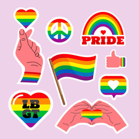 Pride LGBTQ sticker  set, Gay Pride Month, rainbow colors, Flat design signs isolatedのイラスト素材