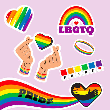 Pride LGBTQ sticker set, symbols set in rainbow colors: Pride Flag, Heart, Peace, Rainbow, Love,  Freedom Symbols. Gay Pride Month. Flat design signs isolatedのイラスト素材