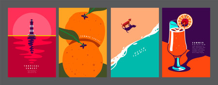Summer layout set, poster banner template, flat vector, graphic design,colorful minimal illustrationのイラスト素材