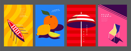 Summer layout set, poster banner template, flat vector, graphic design,colorful minimal illustrationのイラスト素材
