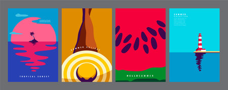 Summer layout set, poster banner template, flat vector, graphic design,colorful minimal illustrationのイラスト素材
