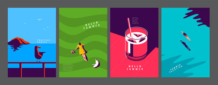 Summer layout set, poster banner template, flat vector, graphic design,colorful minimal illustrationのイラスト素材