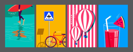 Summer layout set, poster banner template, flat vector, colorful minimal illustrationのイラスト素材