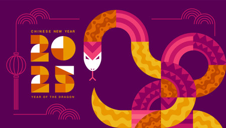 Lunar new year, Chinese New Year 2025 , Year of the Snake , line art ,outline ,Geometric shapes (Translate : Chinese New Year )のイラスト素材