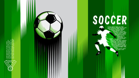 Dynamic vector illustration of a soccer player kicking a ball during a tournament. Modern flat-style design with green speed lines and abstract backgroundのイラスト素材