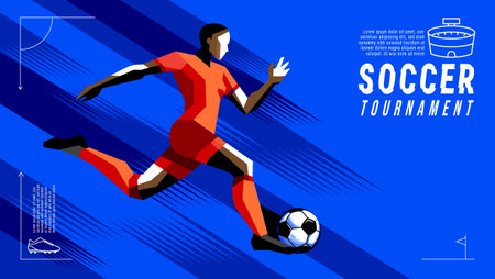 Geometric Vector of Female Soccer Player in Action with kicking, running, dribbling,Abstract Brush Background Sportsのイラスト素材