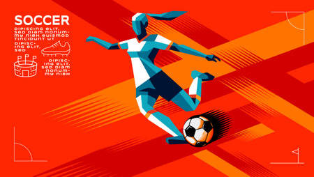 Geometric Vector of Female Soccer Player in Action with kicking, running, dribbling,Abstract Brush Background Sportsのイラスト素材