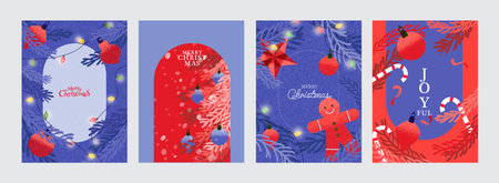 Set of minimalist Christmas and New Year greeting card designs with geometric trees, Santa Claus, snowman, ornaments, and festive elements in modern flat style.のイラスト素材