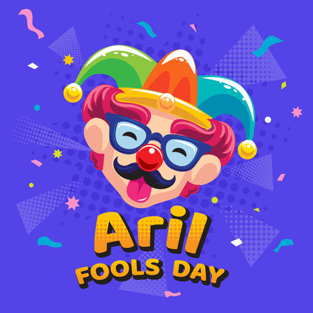Colorful April Foolsâ Day graphic illustration featuring a funny clown or jester head popping out of a gift box with a spring. Playful cartoon design with vibrant colors, flat vector style,  and a cheerful festive mood. Perfect for holiday posters, banners, social media, cards, and promotional designs.のイラスト素材
