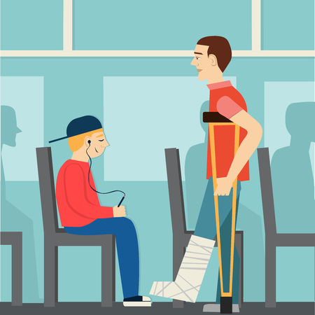 Good manners. The boy on the bus gives way to disabled.etiquette.man on crutches.broken legのイラスト素材