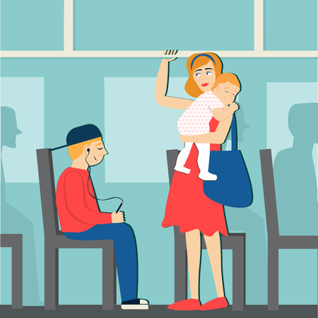 Good manners. The boy on the bus gives way to a woman with a baby.etiquette.のイラスト素材