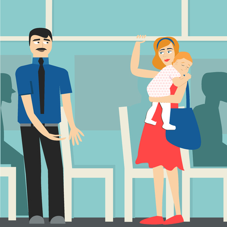 Good manners. The man on the bus gives way to the lady with the child.etiquette.tired woman and manのイラスト素材