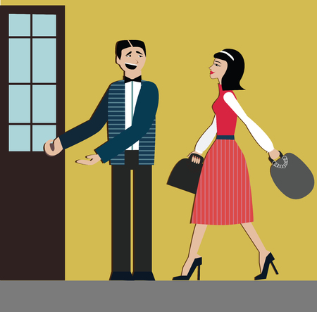 Good manners. Man open the door for woman.etiquette. Decorum.shopping woman.elegant dress and hills.Chinese womanのイラスト素材