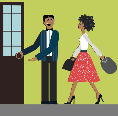 Good manners. Man open the door for woman. Etiquette, decorum, shopping woman, elegant dress and heels, African woman.のイラスト素材