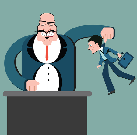 Discrimination of workers. Puppets business. Boss control employees. Businessman marionette. Flat design vector style. Holding man office worker.のイラスト素材