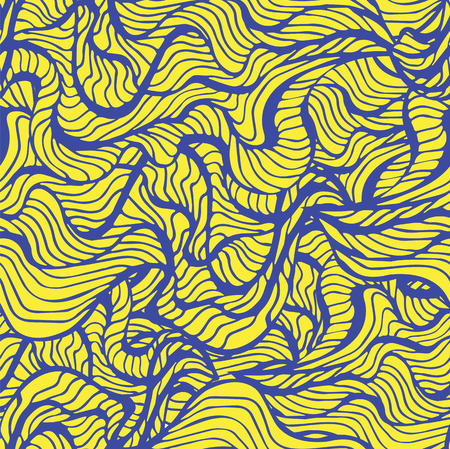 Marine seamless pattern with stylized blue waves on a light background. Water Wave abstract design.Blue lines on the yellow backgroundのイラスト素材