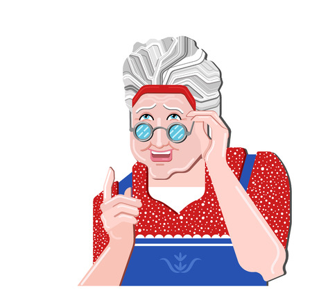Grandmother gesture. Granny old woman gesture. Retro vector illustration. Pretty old woman in glasses gives an advice.Blue apron and red polka dot shirt.のイラスト素材