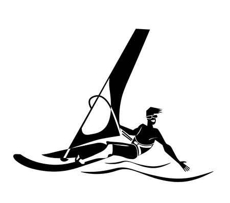 Summer water beach sports, activities. Board with a sail, wet suit.のイラスト素材