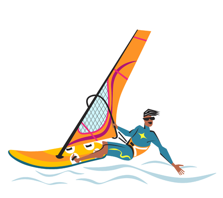 Summer water beach sports, activities. Orange board with a sail, wet suit.のイラスト素材