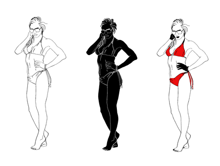 Set of vector girls in swimsuit and glasses isolated.Black silhouette of the girl, hand drawn girl in red swimsuit stand on toes and pose for a photo. Outline girl in glassesのイラスト素材