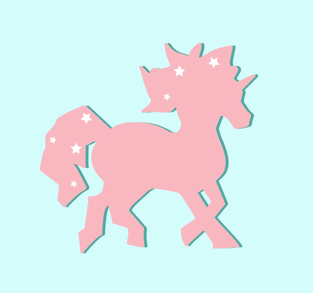 Cute pink unicorn silhouette with stars on blue background. Mane with the stars. Fantasy magical unicorn for wall paper. Running unicorn poster. Fantasy magical unicornのイラスト素材
