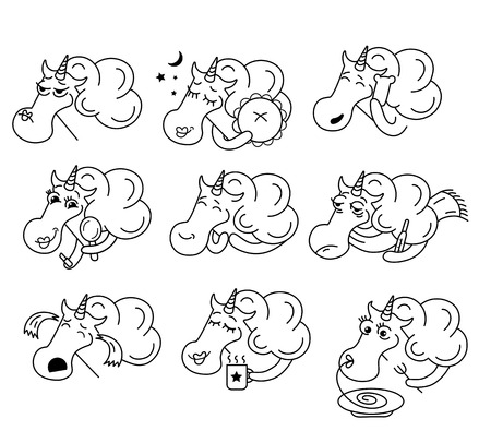 Vector collection of flat funny unicorns isolated on white background. Cartoon style. Set of emoji smile characters. Animal facial expressions and emotions. Fairy magic horse. Children illustrationのイラスト素材