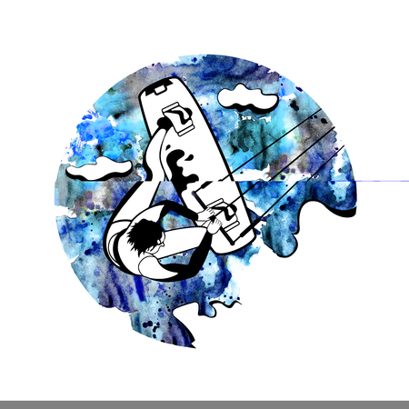 Vintage surfing label and badge. Ocean wave, kite-surfing and sea sport.Watercolor illustration. Summer water beach sports, activities. Man wake-boarding, kite-surfingの写真素材