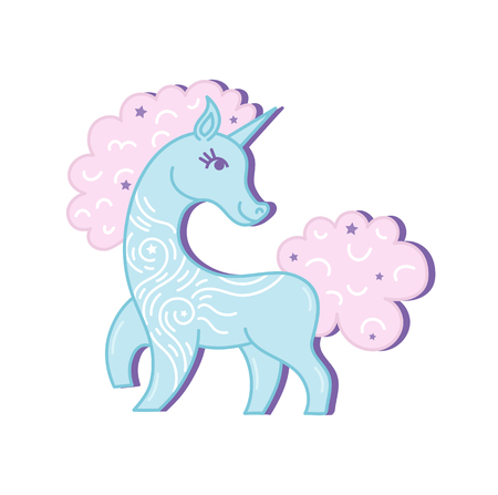 Blue vector unicorn with pink mane and horn.Baby style unicorn isolated on white background.のイラスト素材