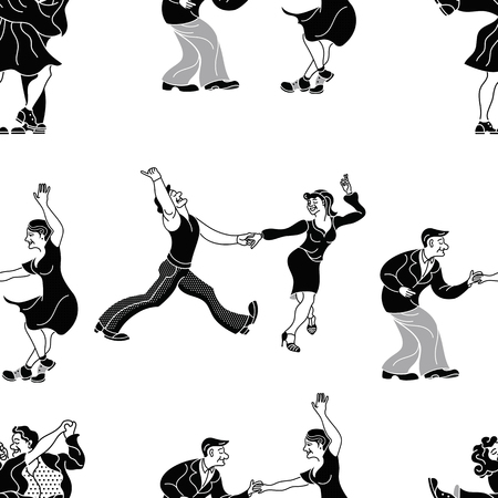 Pattern retro dance.Dance couple silhouette. Seamless retro silhouette dancer.Charleston party dance vintage people isolated on white background. Black silhouette vectorのイラスト素材