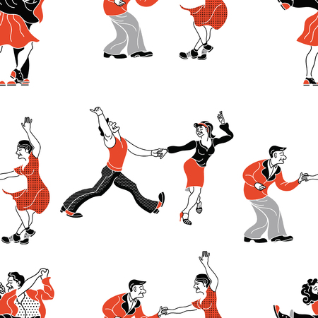 Pattern retro dance.Dance couple silhouette. Seamless retro silhouette dancer.Charleston party dance vintage people isolated on white backgroundのイラスト素材