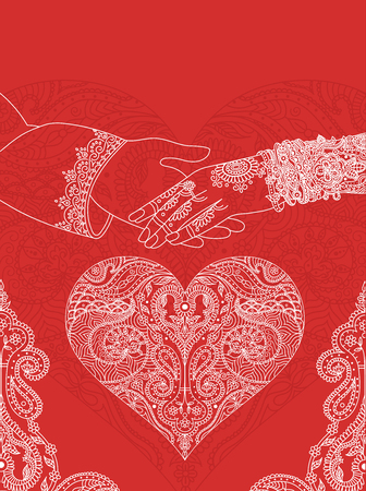 Wedding indian invitation card. India marriage template.Beautifully decorated Indian bride hand.Close-up of groom holding brides hand.Indian bride with mehandi in hand in vector. lineartのイラスト素材
