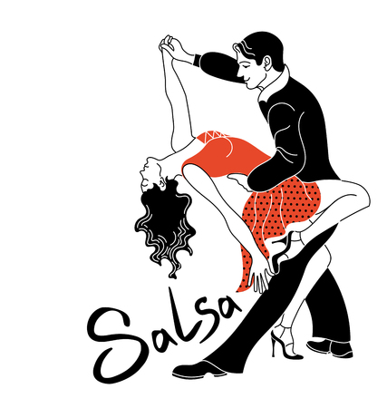 Salsa party dance poster. Elegant couple dancing salsa. Retro style. Silhouettes of people dancing salsa and musicians playing latin music.Cuba club. Couple dancing salsa.Fishnet stockingsのイラスト素材