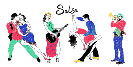 Salsa party poster. Set of elegant couple dancing salsa.Retro style. Silhouettes of people dancing salsa and musicians playing latin music.Cuba club. Couple dancing salsa. Trumpeter and guitaristのイラスト素材