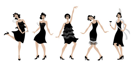 Charleston party black dress dancing girls silhouette. Gatsby style set group of retro woman dancing Charleston. Vintage style retro silhouette dancer 1920 party vector background swing dance girl.のイラスト素材
